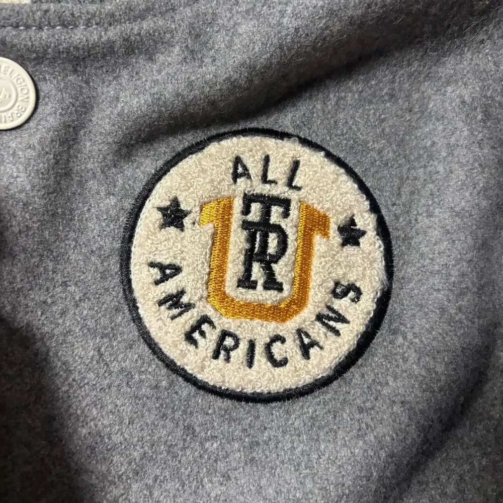 True Religion Varsity Jacket Men’s M Gray Embroidered Stitched Rare Y2K